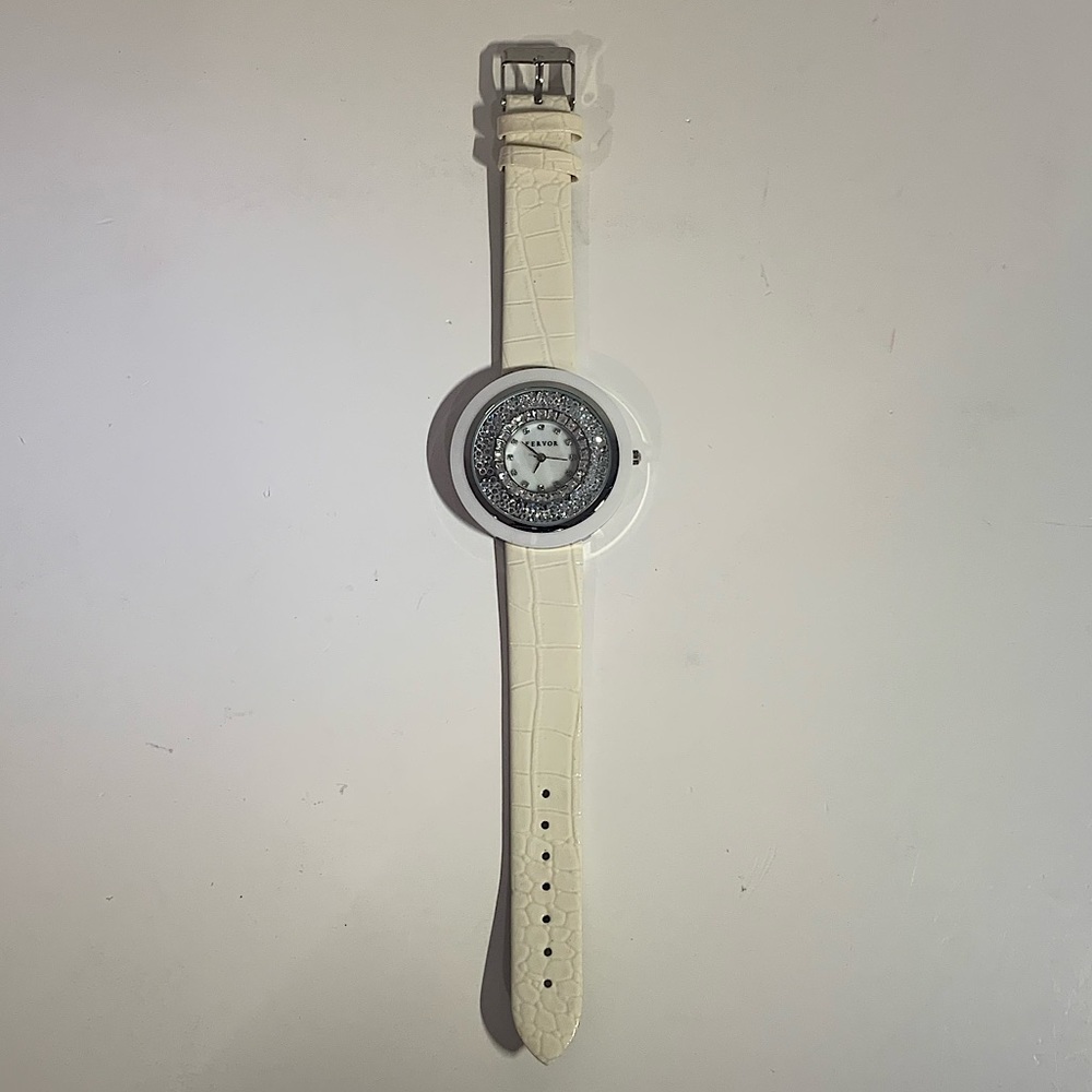 ⌚ [2/$25] FERVOR MONTREAL WHITE GLOSSY SNAKESKIN GEMSTONE FILLED WRIST WATCH ⌚